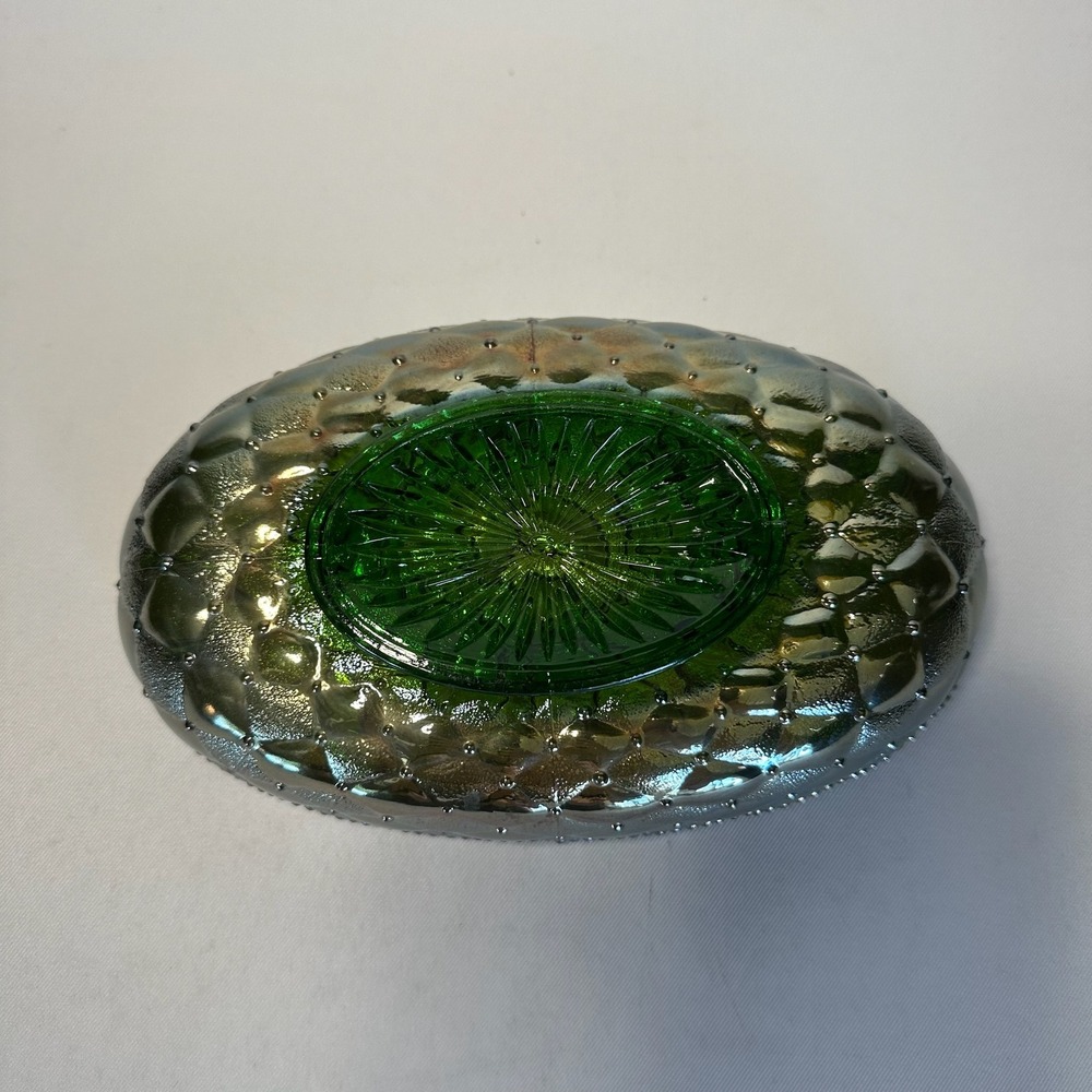 Vintage Imperial Carnival Glass Green Floral Pansy Oval Footed Bowl Serving Dish - Picture 4 of 7